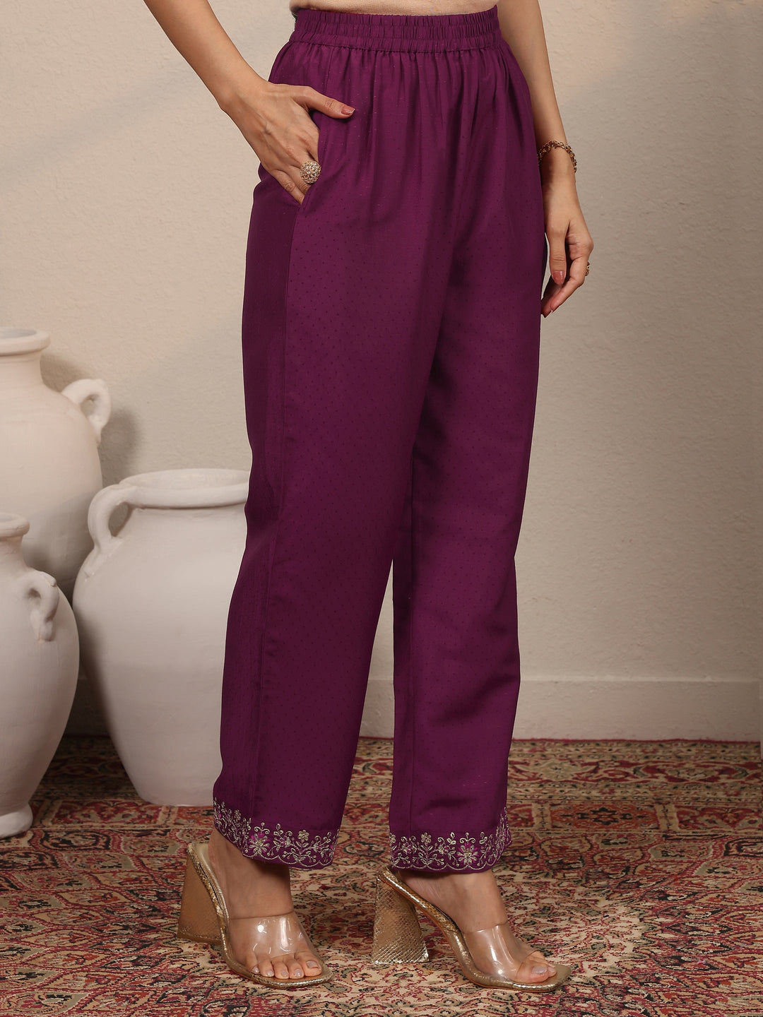  Magenta Yoke Design Silk Blend  Straight Suit Set With Dupatta 