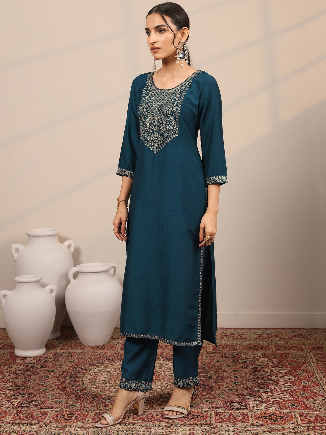  Teal Yoke Design Silk Blend  Straight Suit Set With Dupatta 