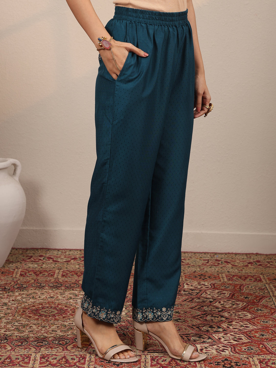  Teal Yoke Design Silk Blend  Straight Suit Set With Dupatta 