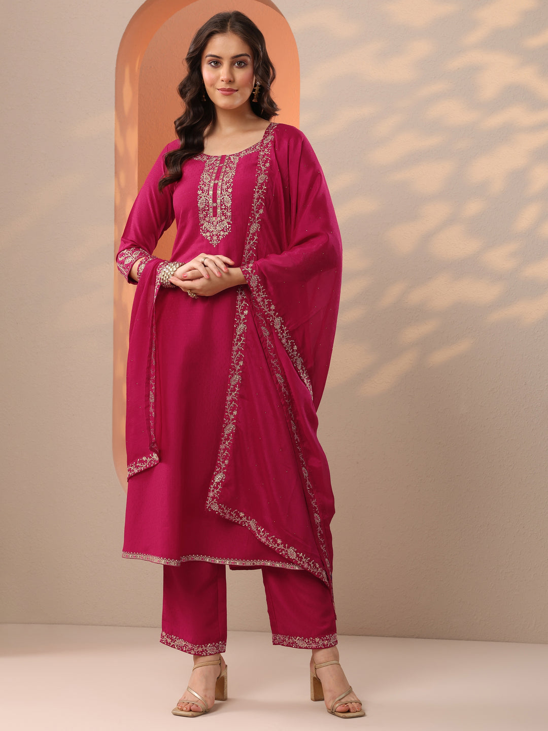  Pink Embroidered Silk Blend A-Line Suit Set With Dupatta 