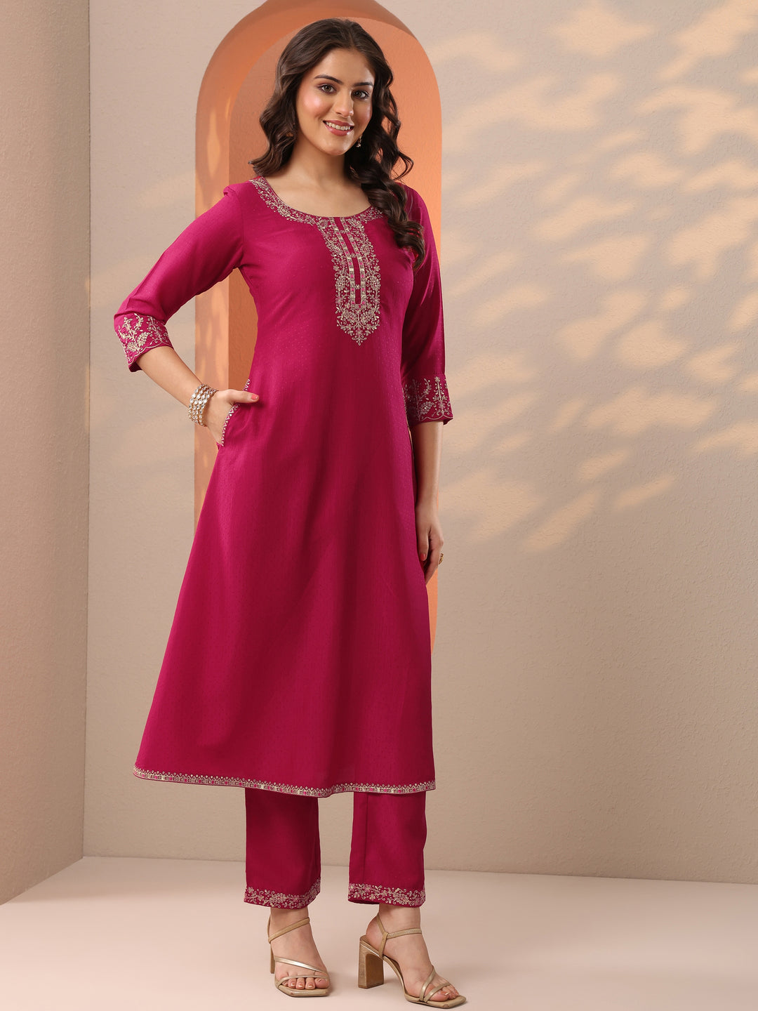  Pink Embroidered Silk Blend A-Line Suit Set With Dupatta 