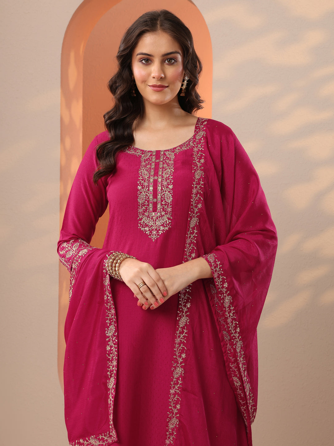  Pink Embroidered Silk Blend A-Line Suit Set With Dupatta 