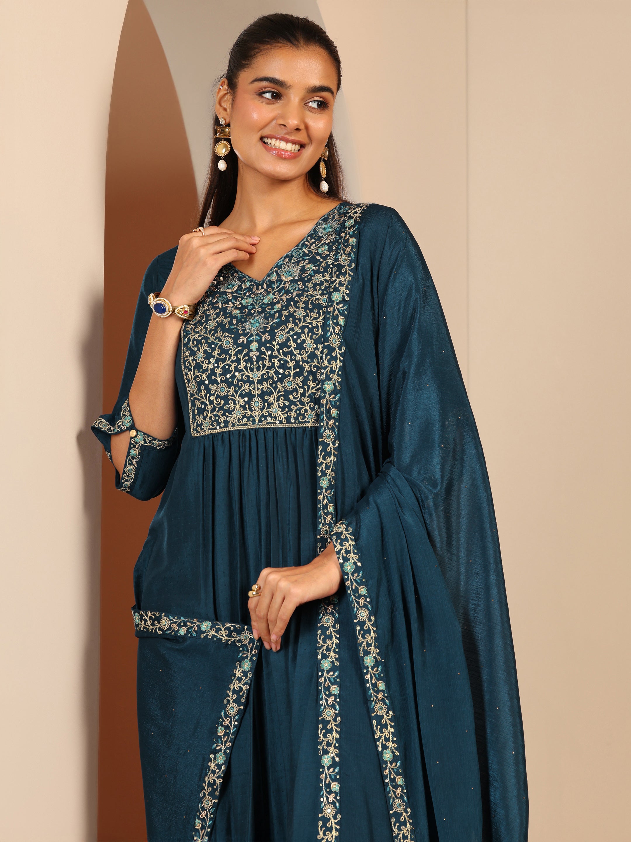 libas Teal Embroidered Silk Blend Straight Suit Set With Dupatta-picture-33