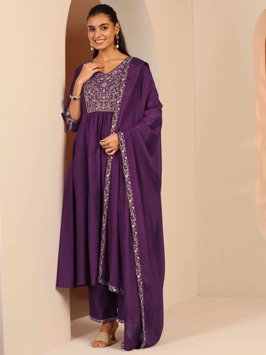  Burgundy Embroidered Silk Blend Anarkali Suit Set With Dupatta 