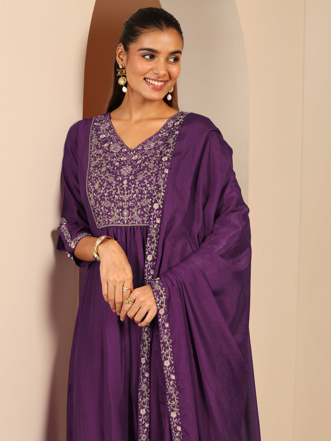  Burgundy Embroidered Silk Blend Anarkali Suit Set With Dupatta 