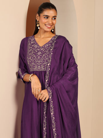 Burgundy Embroidered Silk Blend Anarkali Suit Set With Dupatta