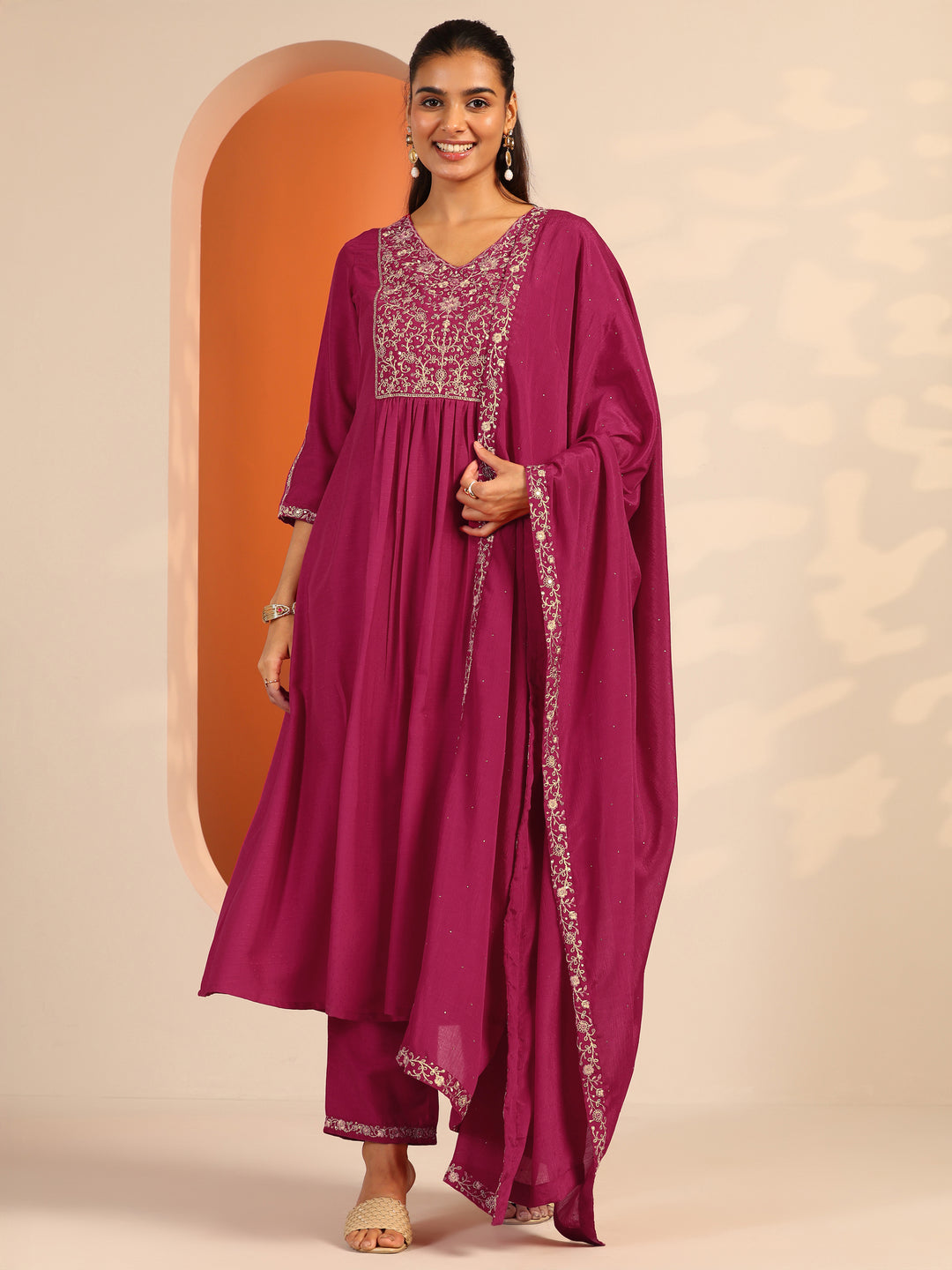  Pink Embroidered Silk Blend A-Line Suit Set With Dupatta 