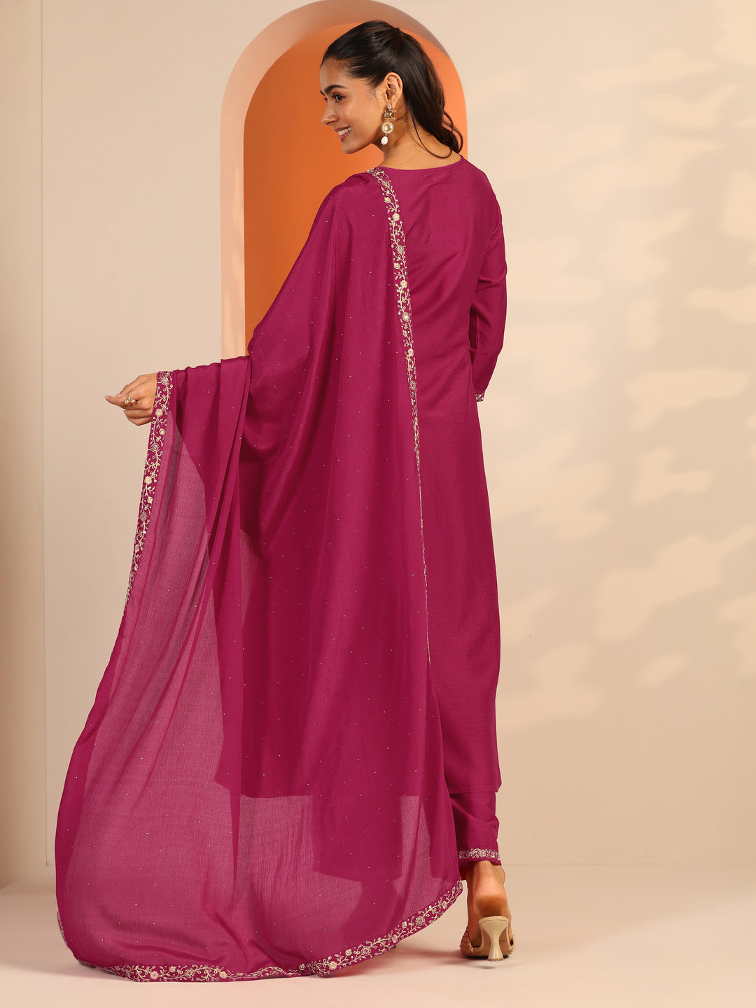  Pink Embroidered Silk Blend A-Line Suit Set With Dupatta 