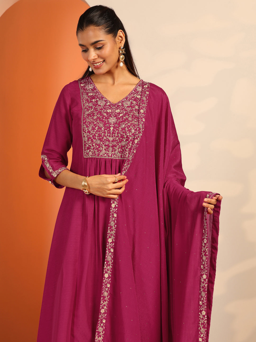  Pink Embroidered Silk Blend A-Line Suit Set With Dupatta 