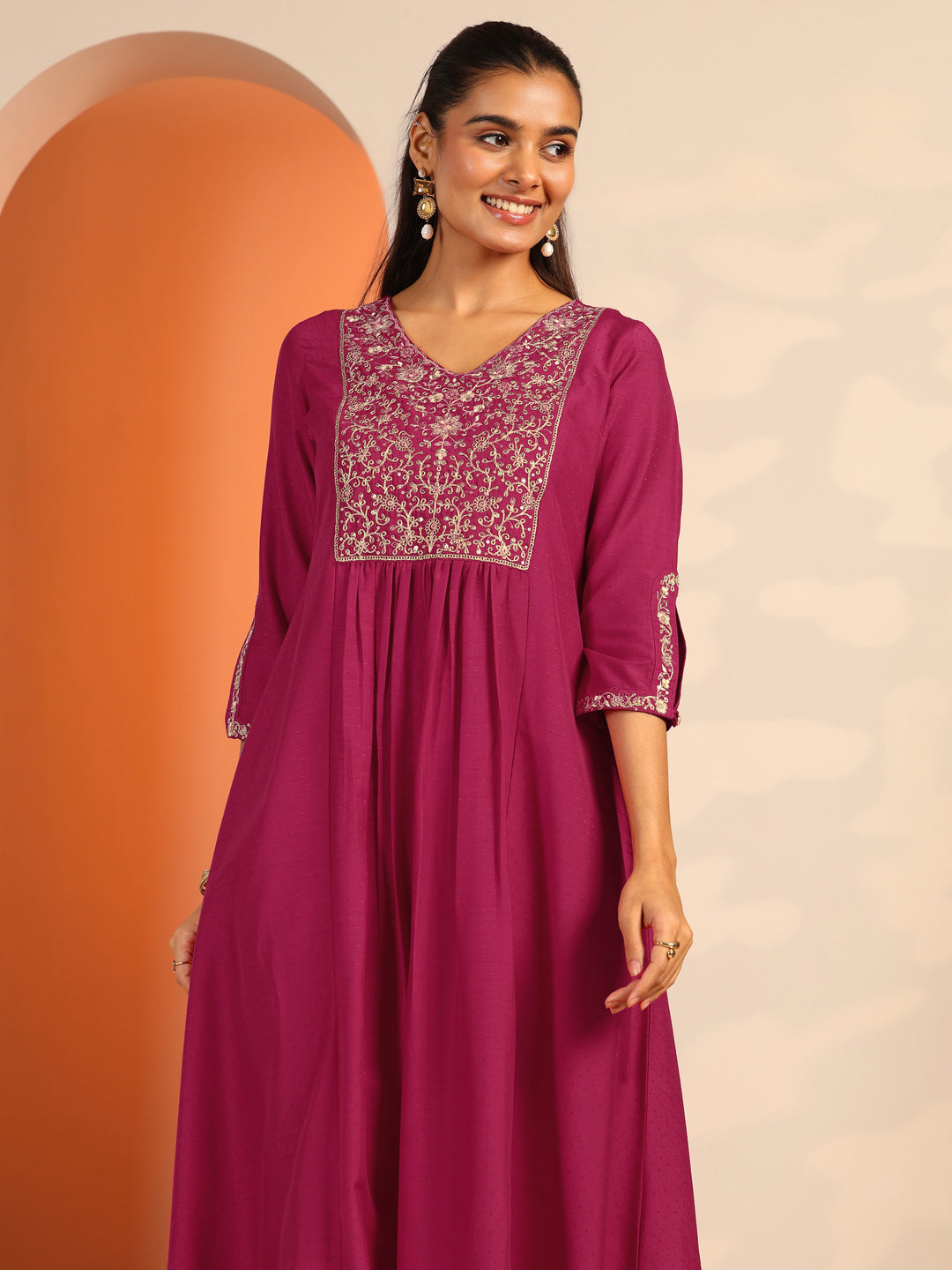  Pink Embroidered Silk Blend A-Line Suit Set With Dupatta 
