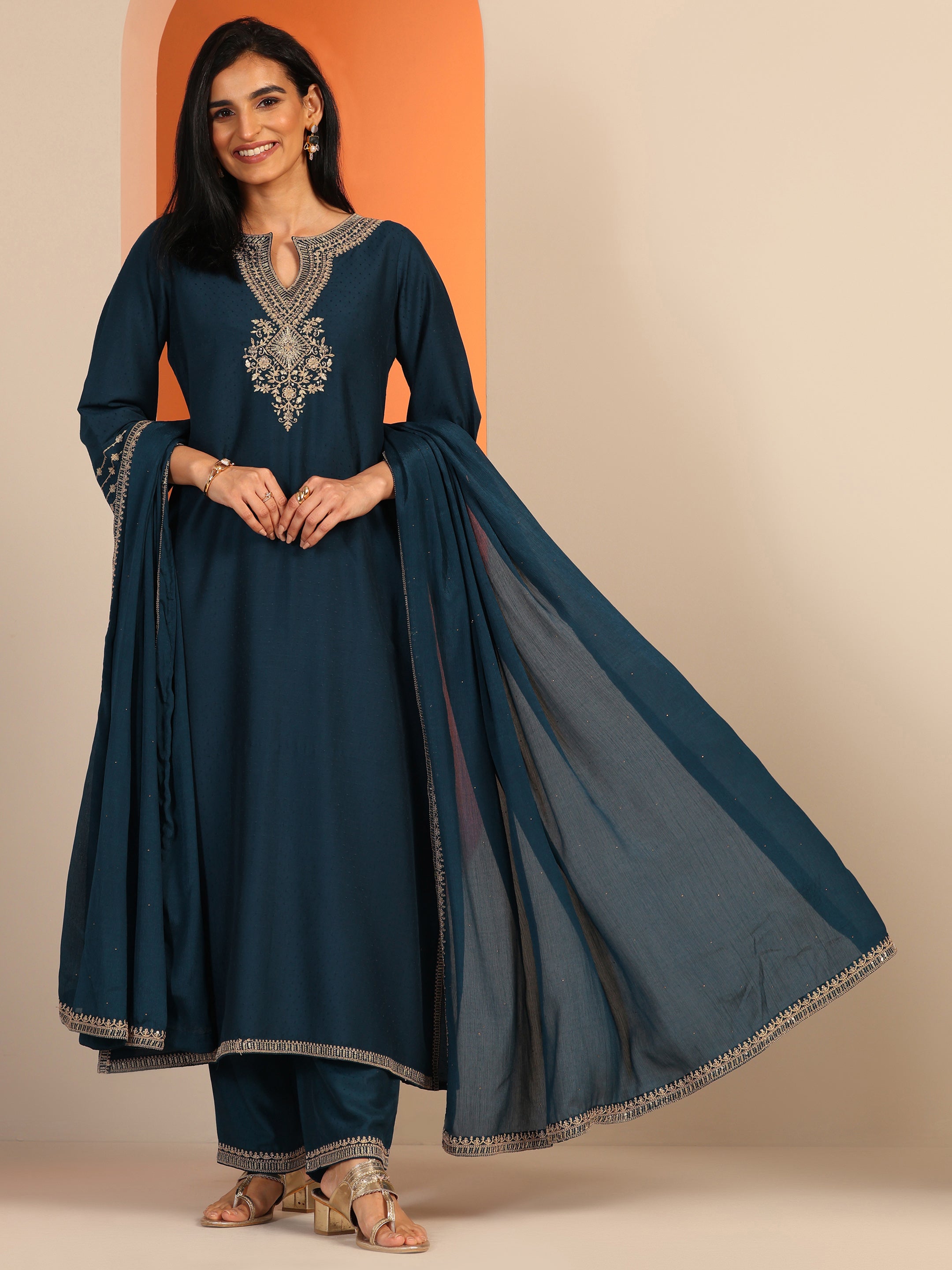 libas Teal Embroidered Silk Blend Straight Suit Set With Dupatta-picture-25