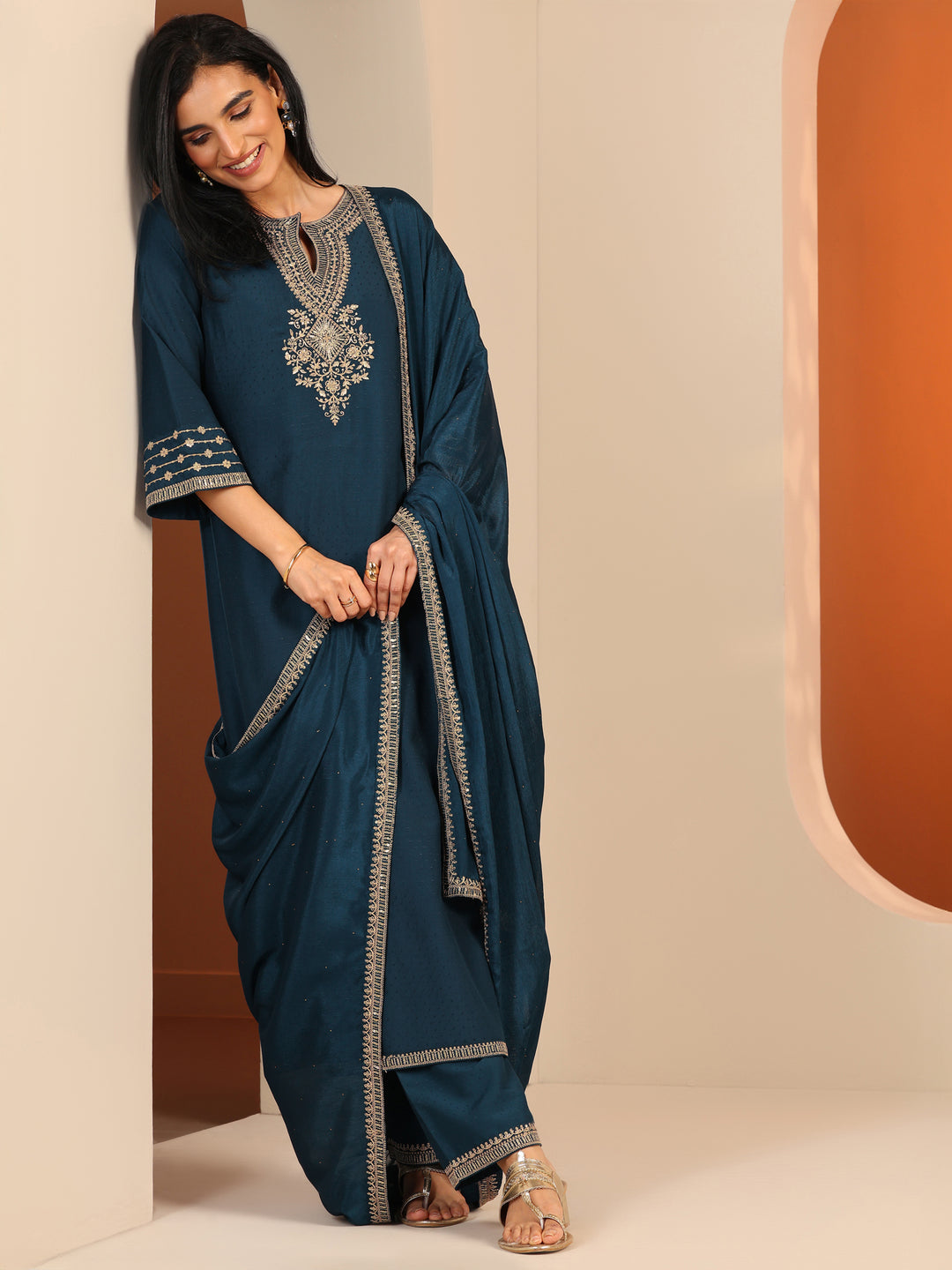  Teal Embroidered Silk Blend Straight Suit Set With Dupatta 