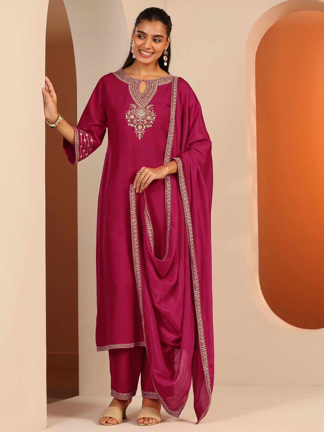  Pink Embroidered Silk Blend Straight Suit Set With Dupatta 