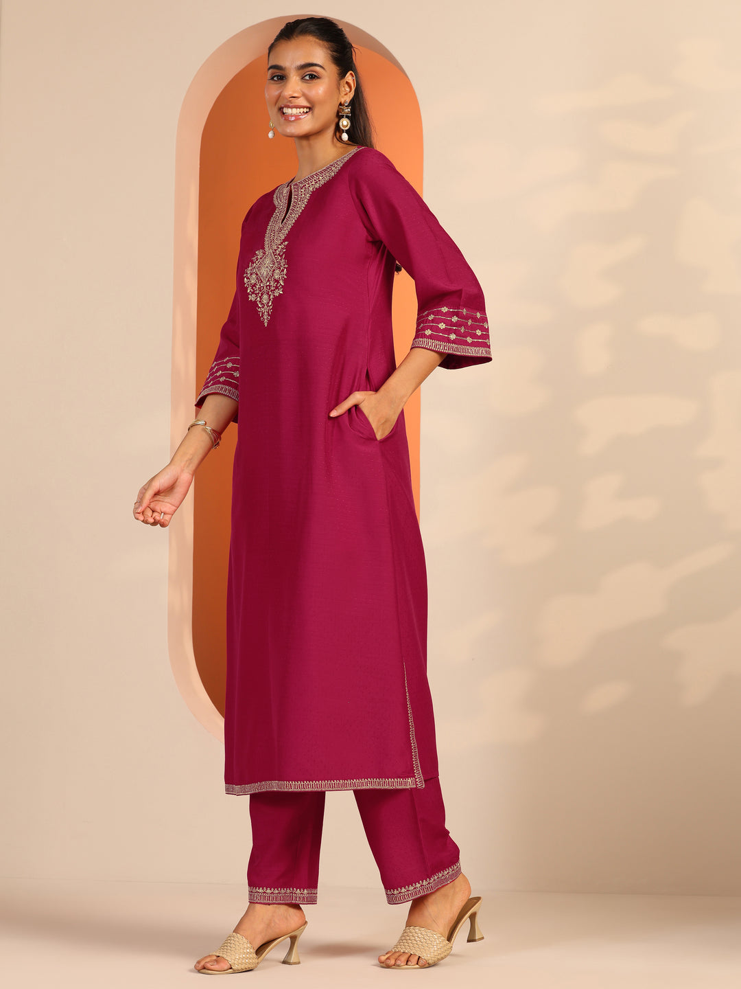  Pink Embroidered Silk Blend Straight Suit Set With Dupatta 