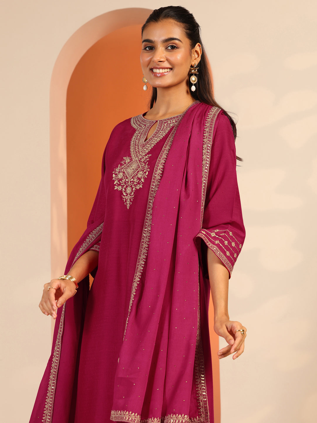  Pink Embroidered Silk Blend Straight Suit Set With Dupatta 