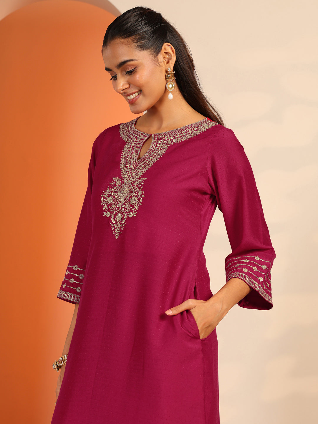  Pink Embroidered Silk Blend Straight Suit Set With Dupatta 