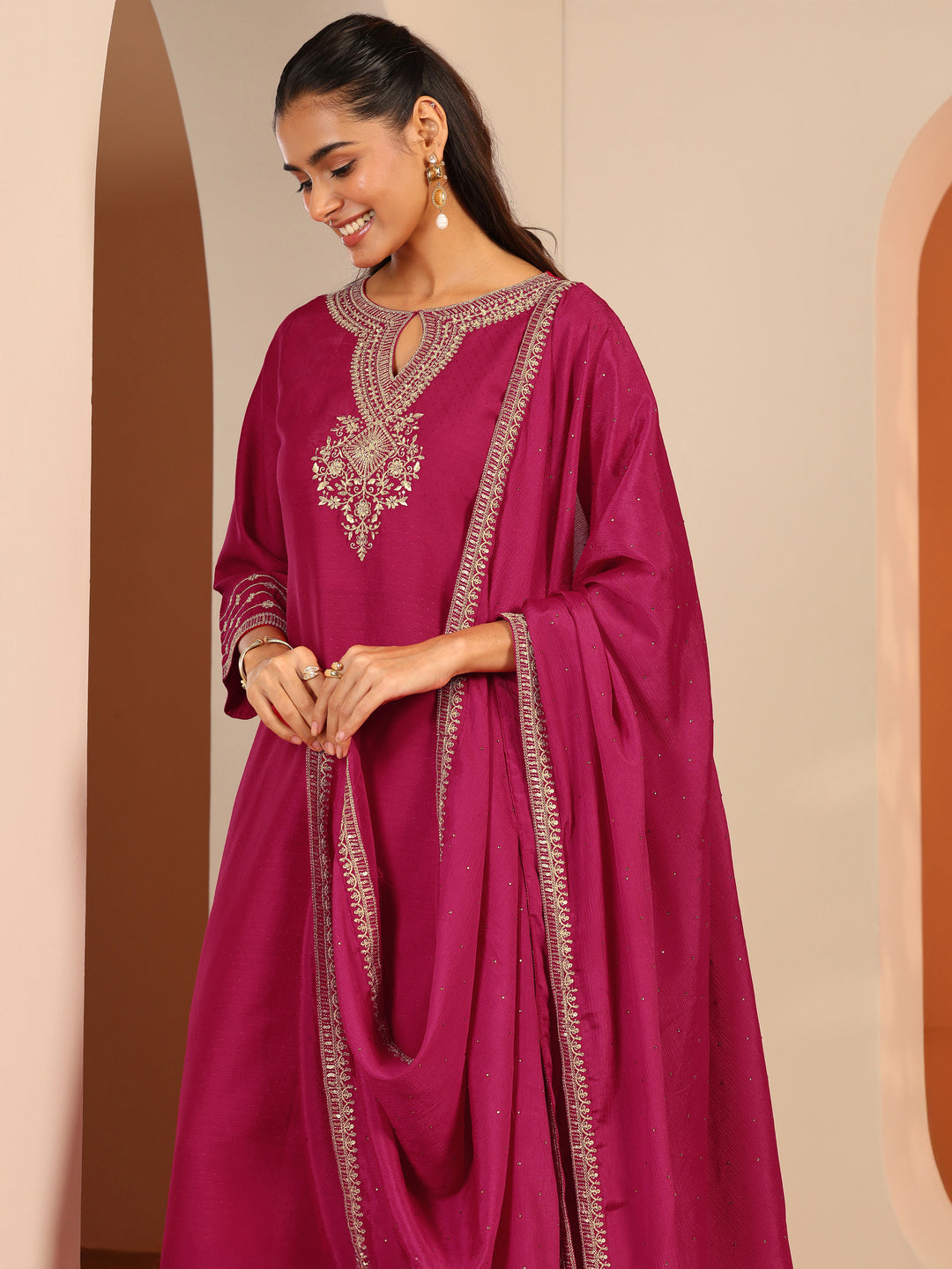  Pink Embroidered Silk Blend Straight Suit Set With Dupatta 