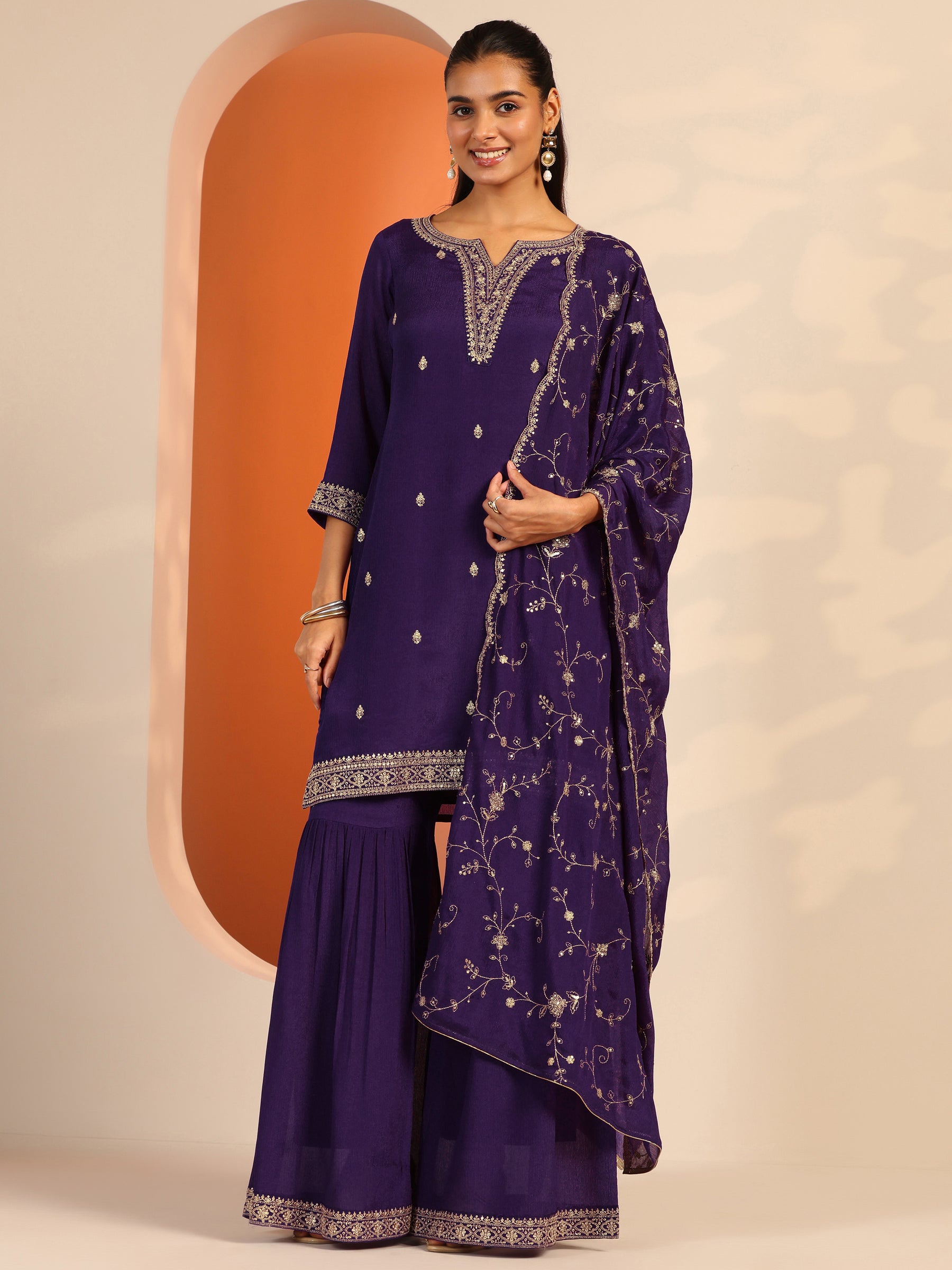 Purple Embroidered Chinon Straight Suit Set With Dupatta