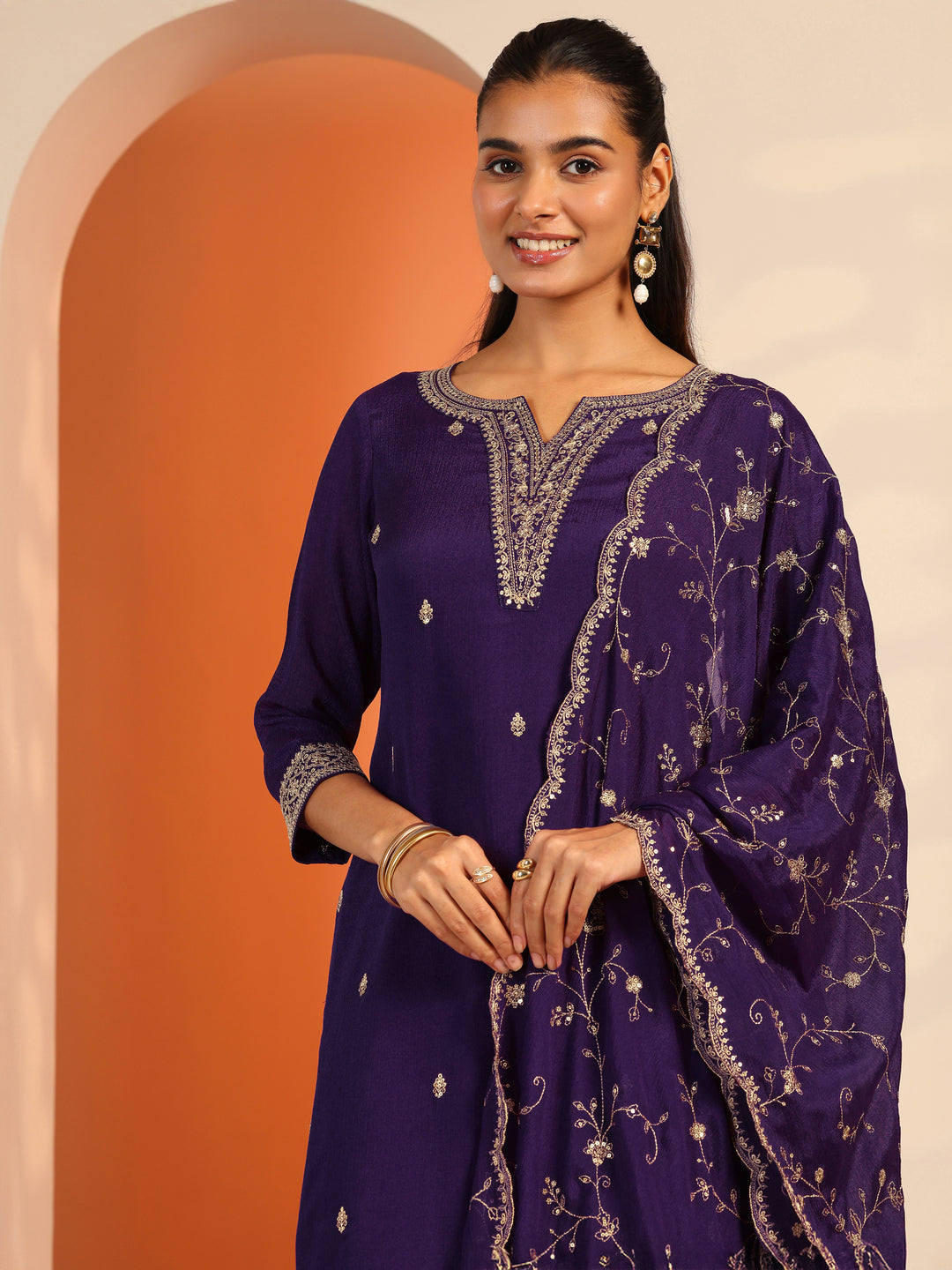  Purple Embroidered Chinon Straight Suit Set With Dupatta 