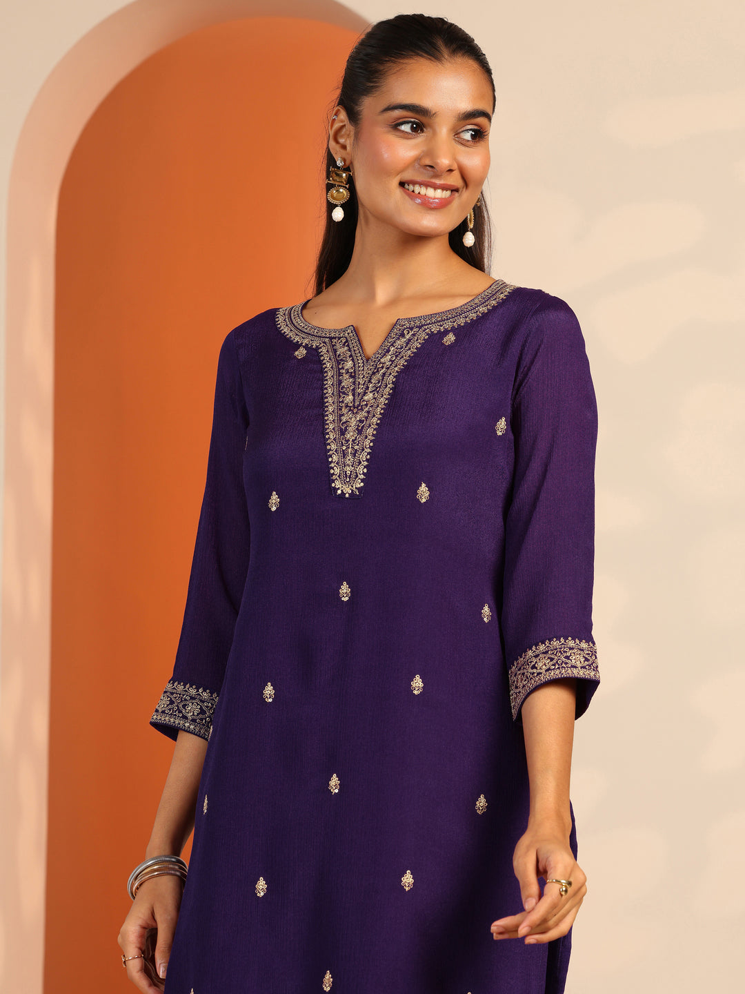  Purple Embroidered Chinon Straight Suit Set With Dupatta 