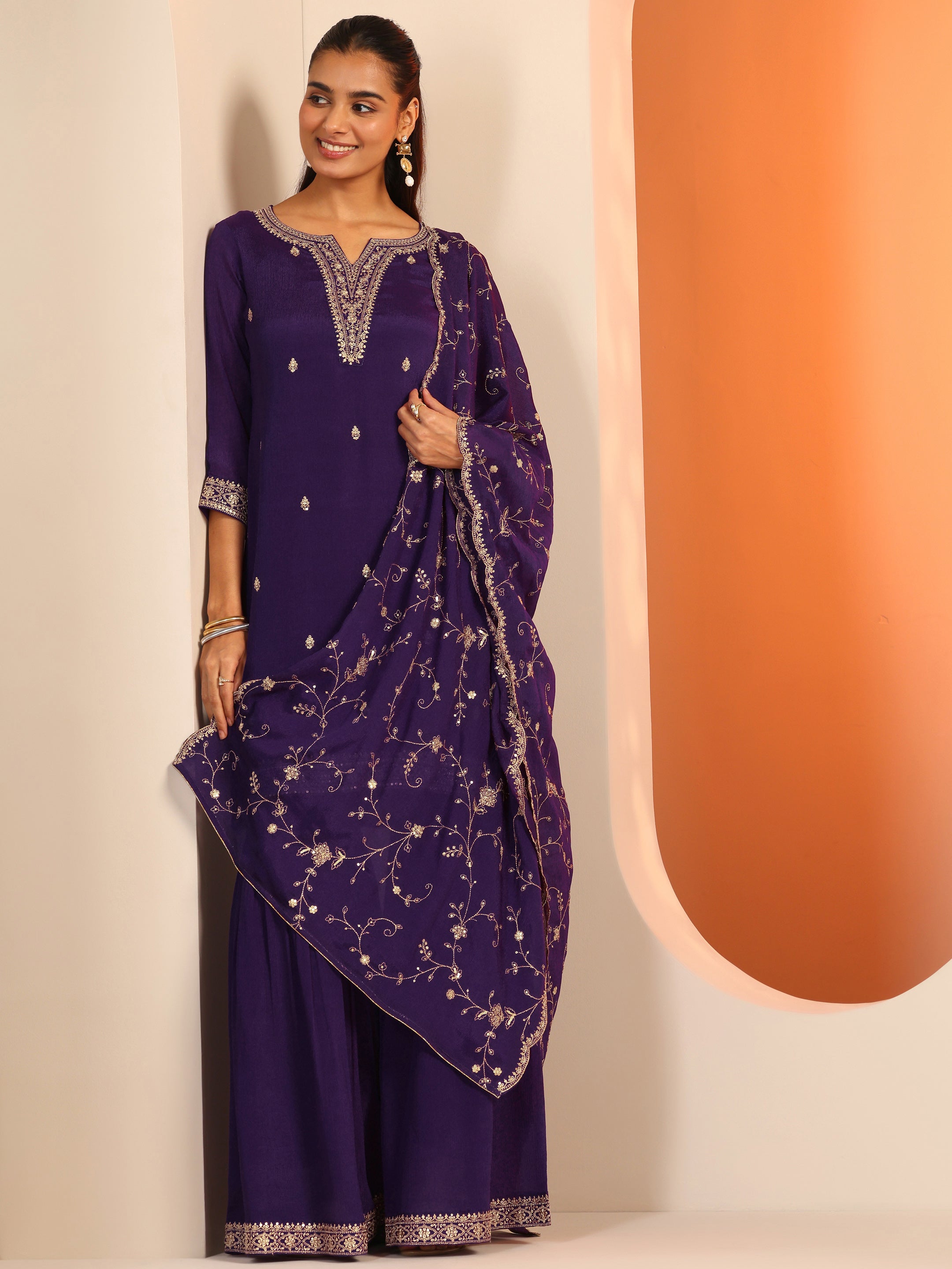 Purple Embroidered Chinon Straight Suit Set With Dupatta-image-44