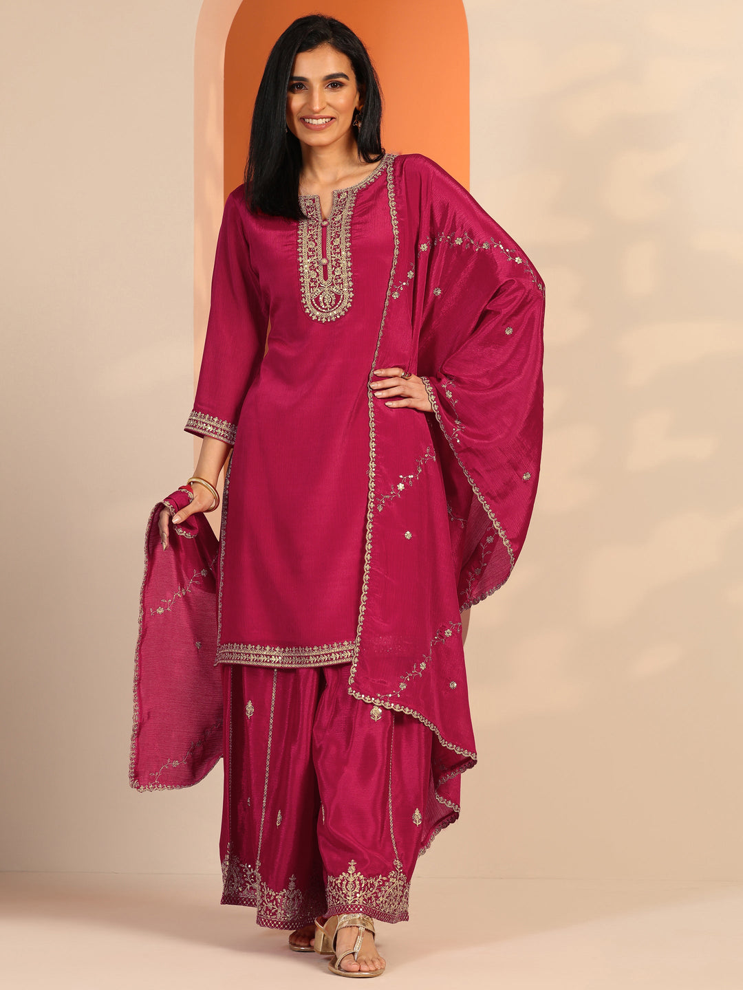  Pink Embellished Chinon Straight Suit Set With Dupatta 