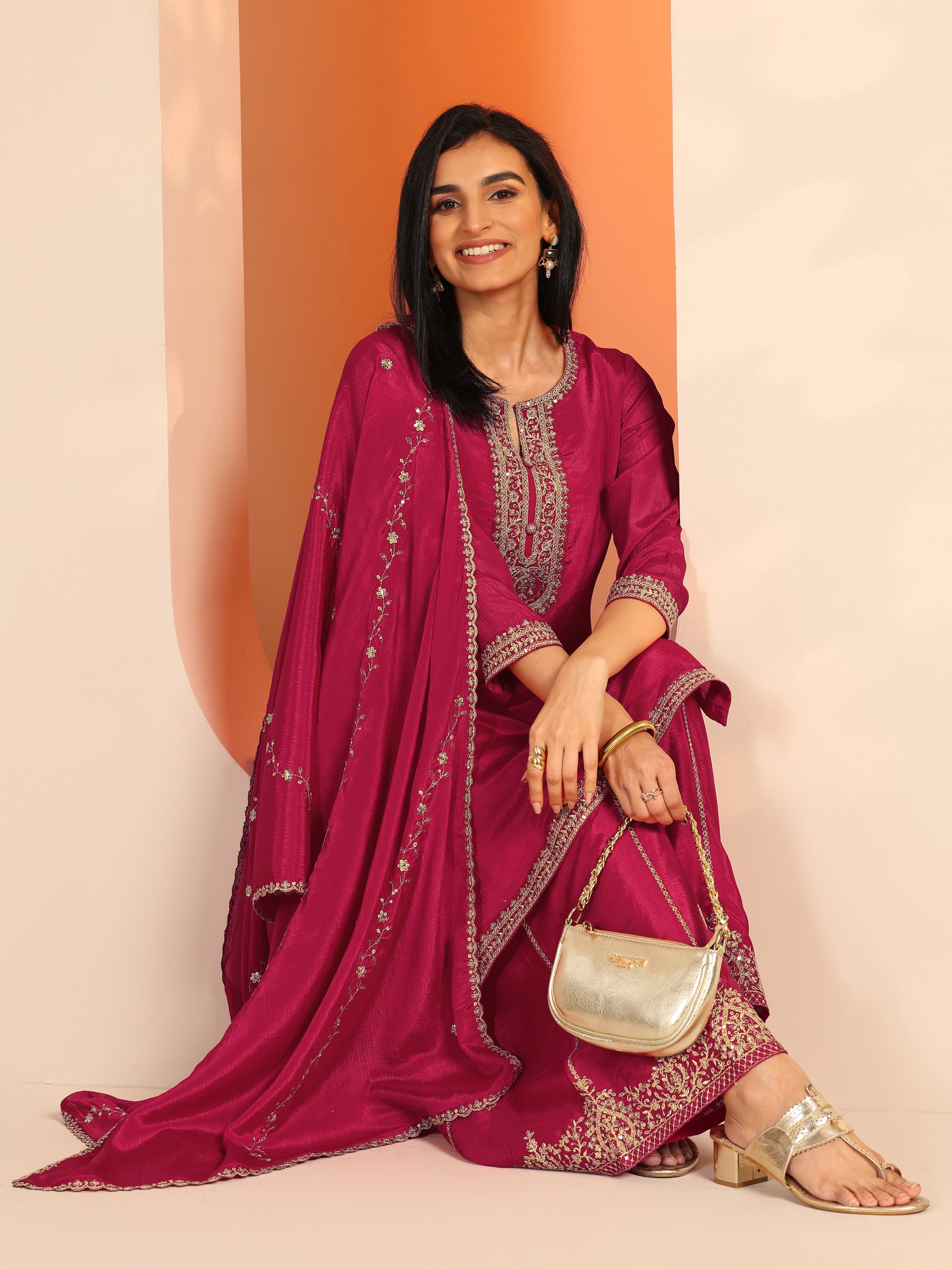 Pink Embellished Chinon Straight Suit Set With Dupatta-image-47