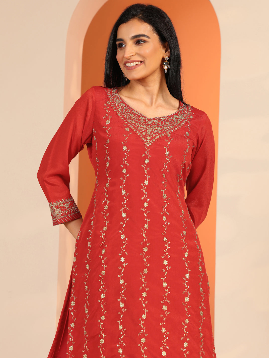  Red Embroidered Chinon Straight Suit Set With Dupatta 