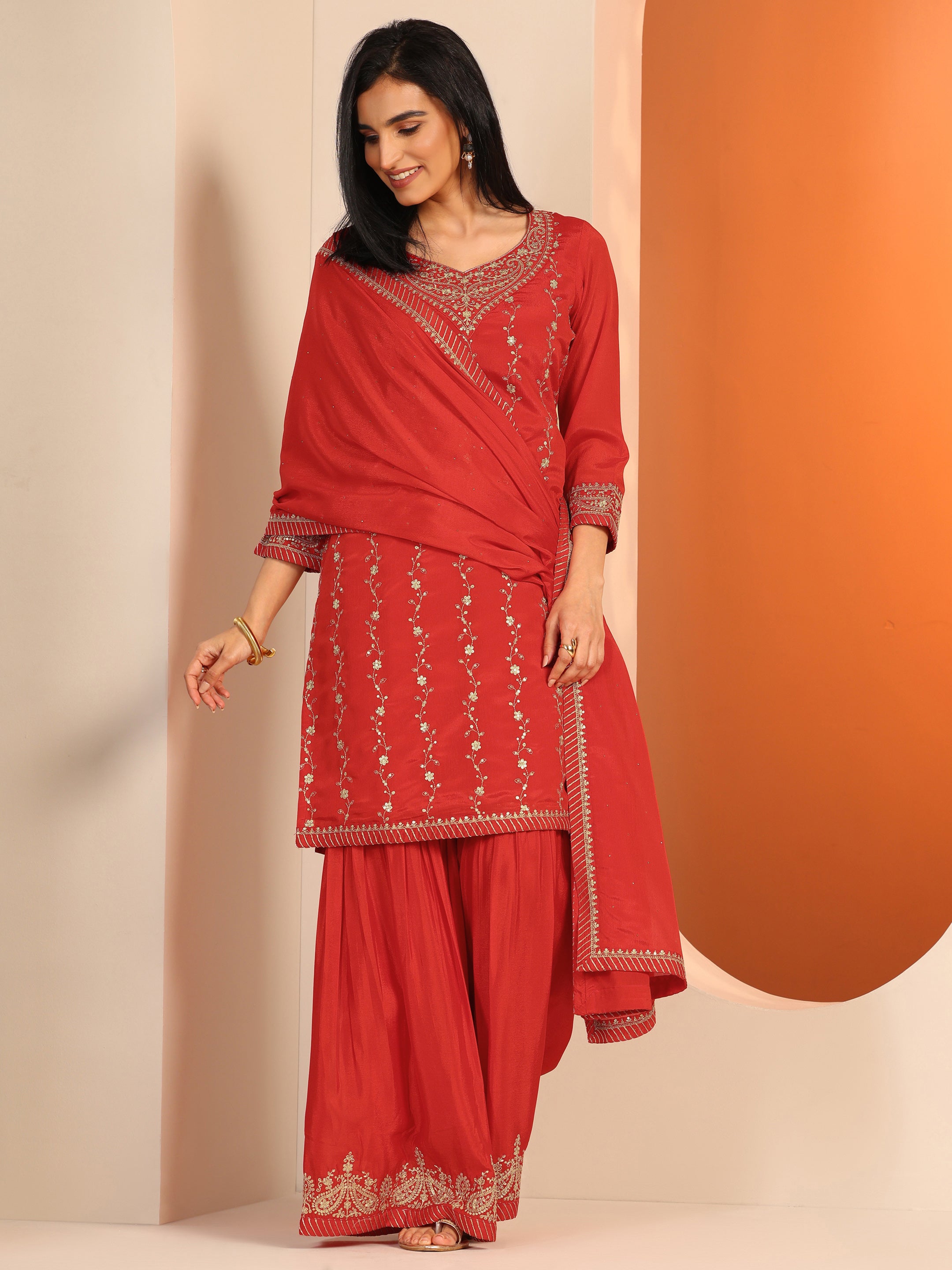 Red Embroidered Chinon Straight Suit Set With Dupatta-image-41