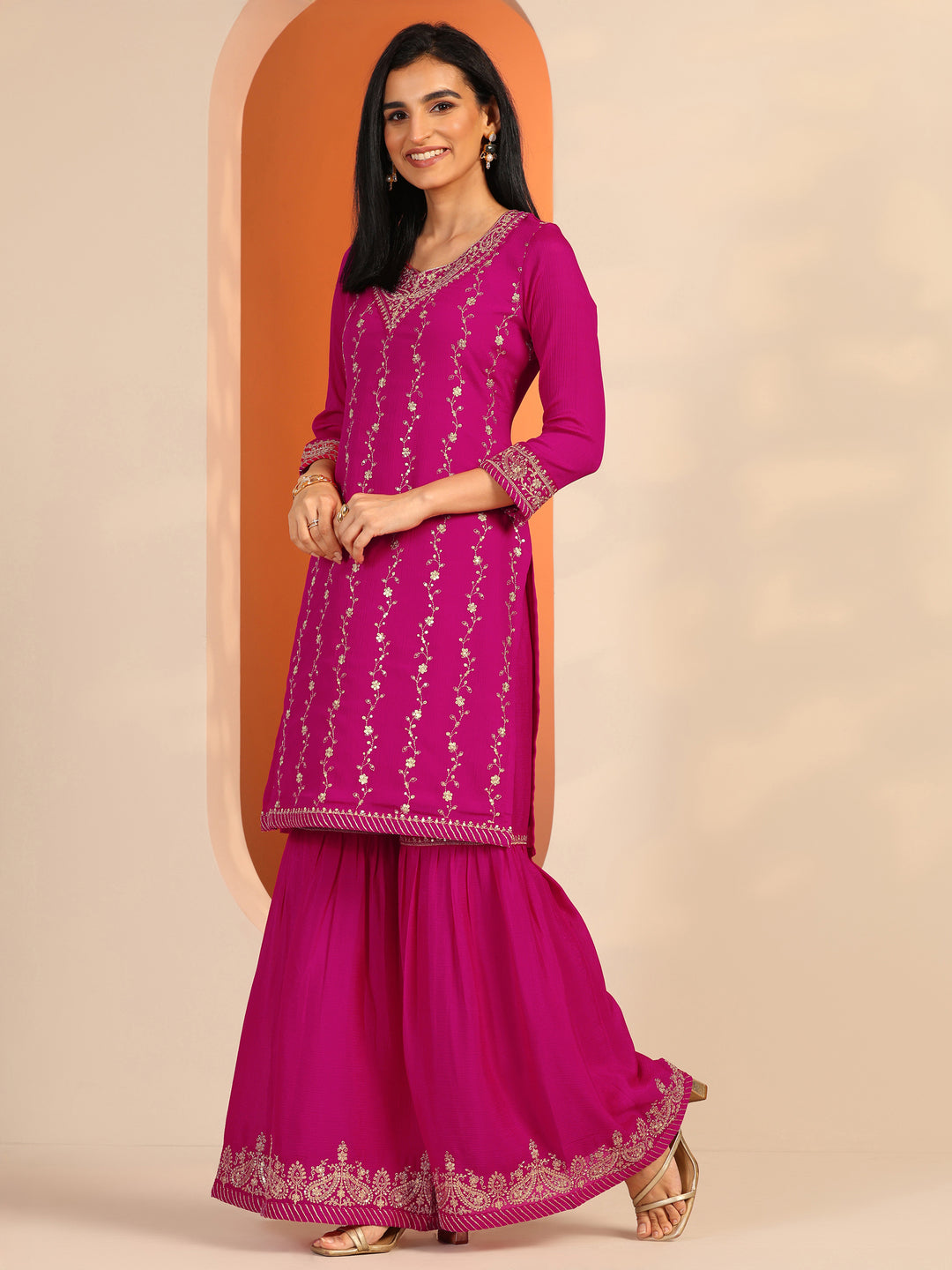  Pink Embroidered Chinon Straight Suit Set With Dupatta 