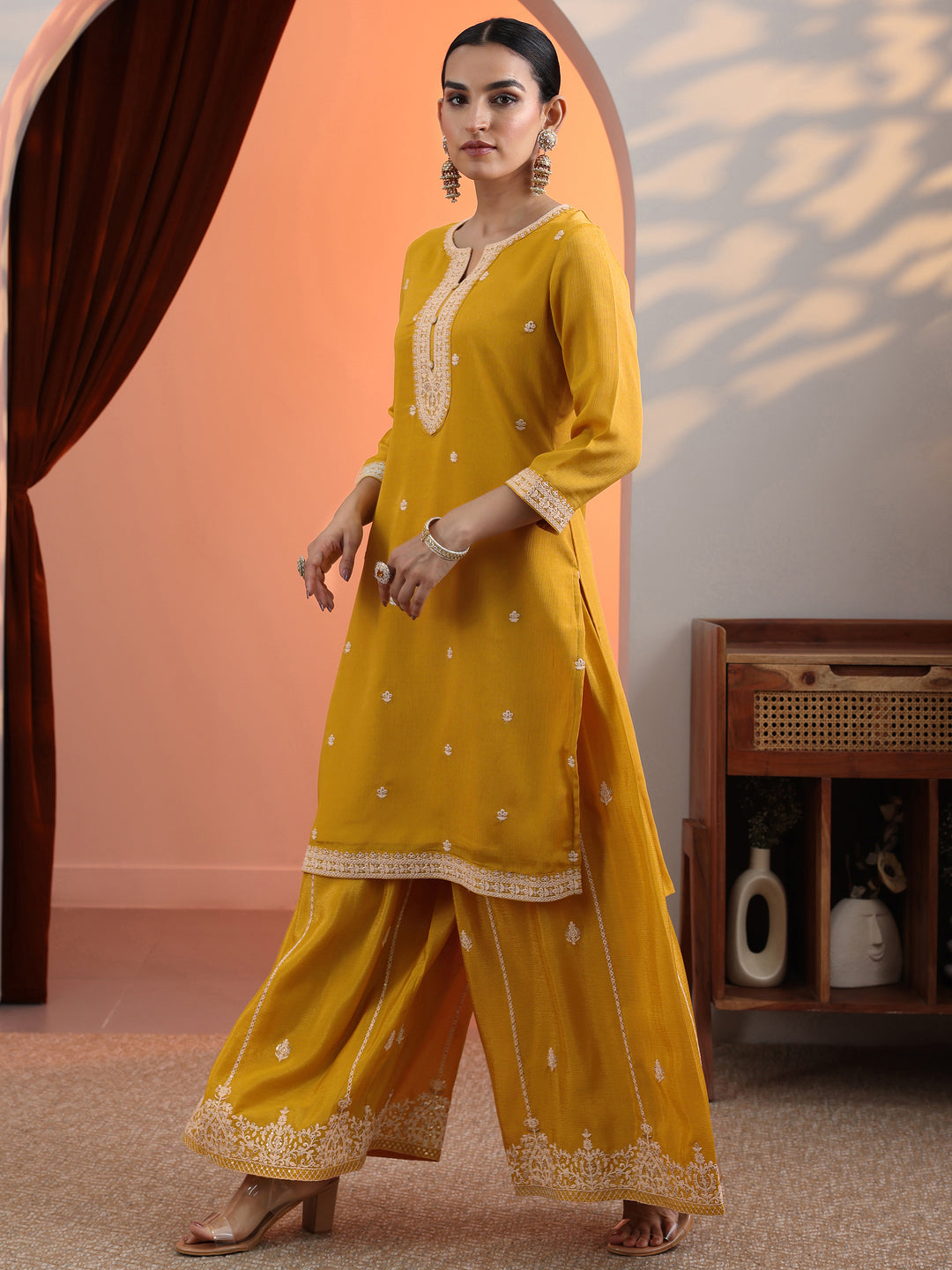  Yellow Embroidered Chinon Straight Suit Set With Dupatta 