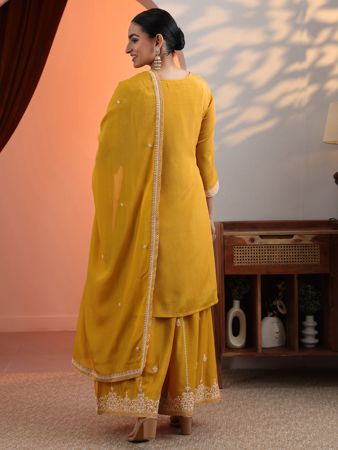  Yellow Embroidered Chinon Straight Suit Set With Dupatta 