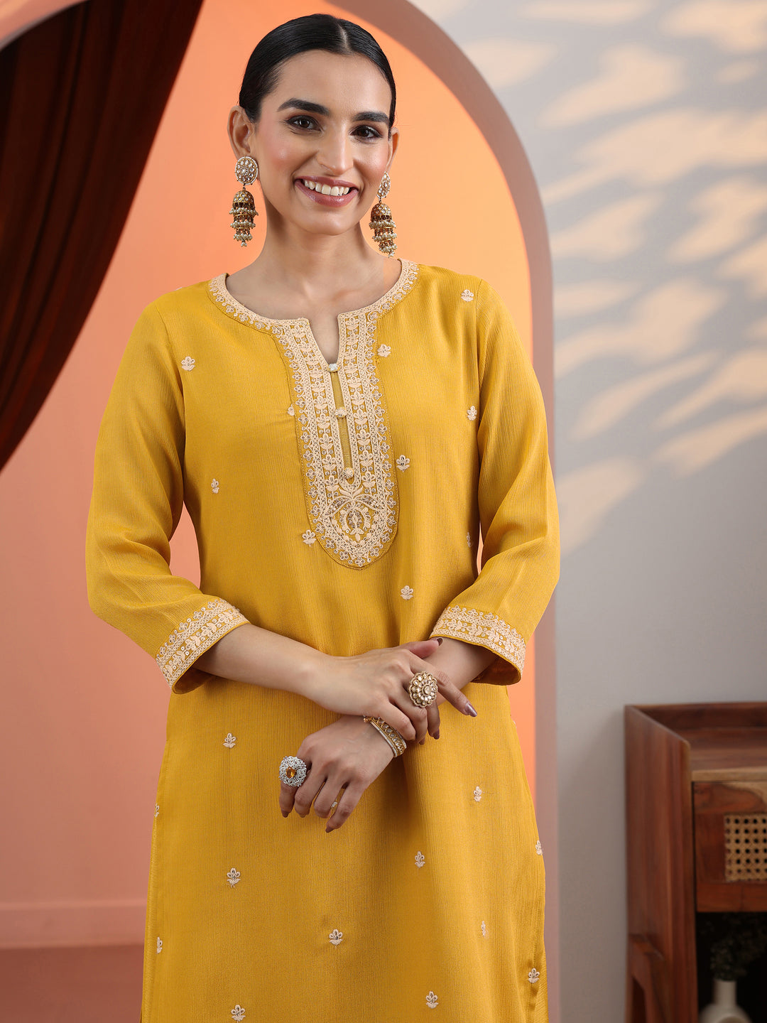  Yellow Embroidered Chinon Straight Suit Set With Dupatta 
