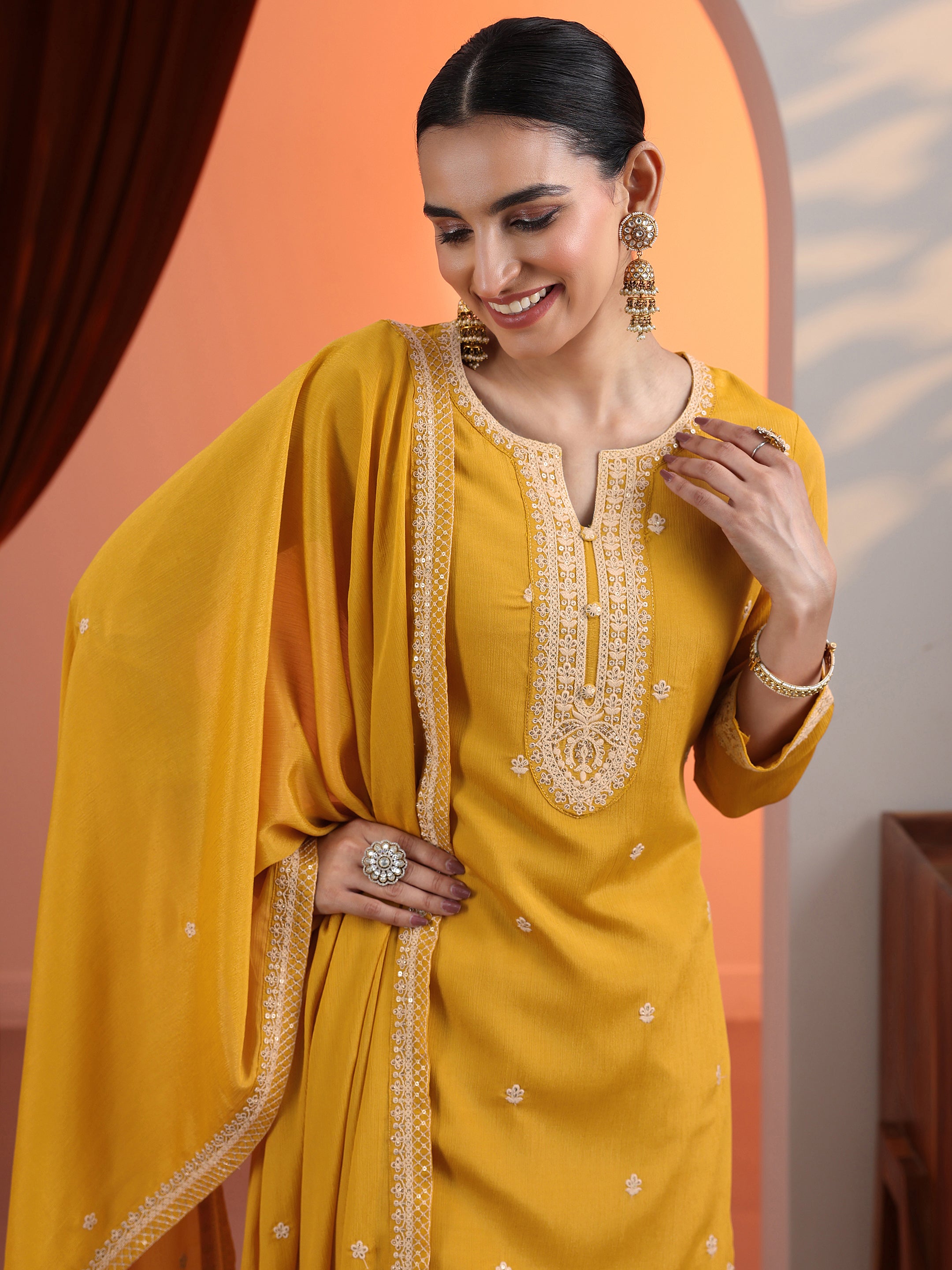 libas Yellow Embroidered Chinon Straight Suit Set With Dupatta-picture-39