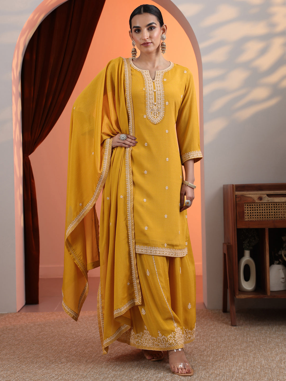  Yellow Embroidered Chinon Straight Suit Set With Dupatta 