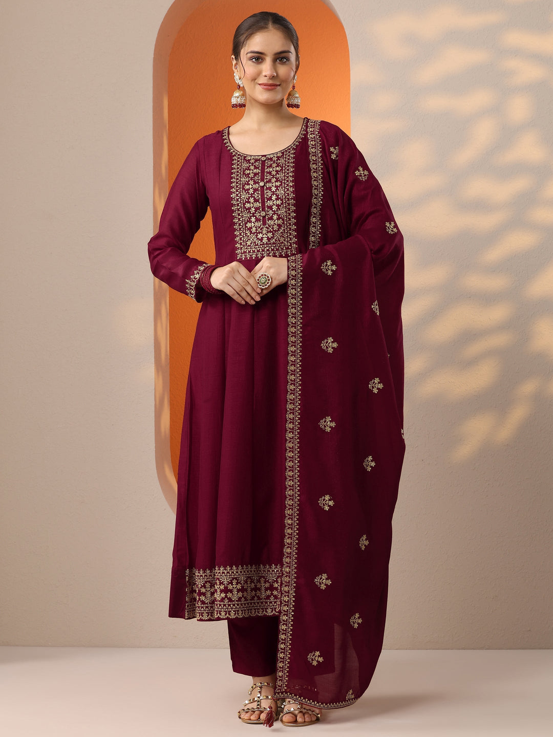  Maroon Embroidered Silk Blend Anarkali Suit Set With Dupatta 