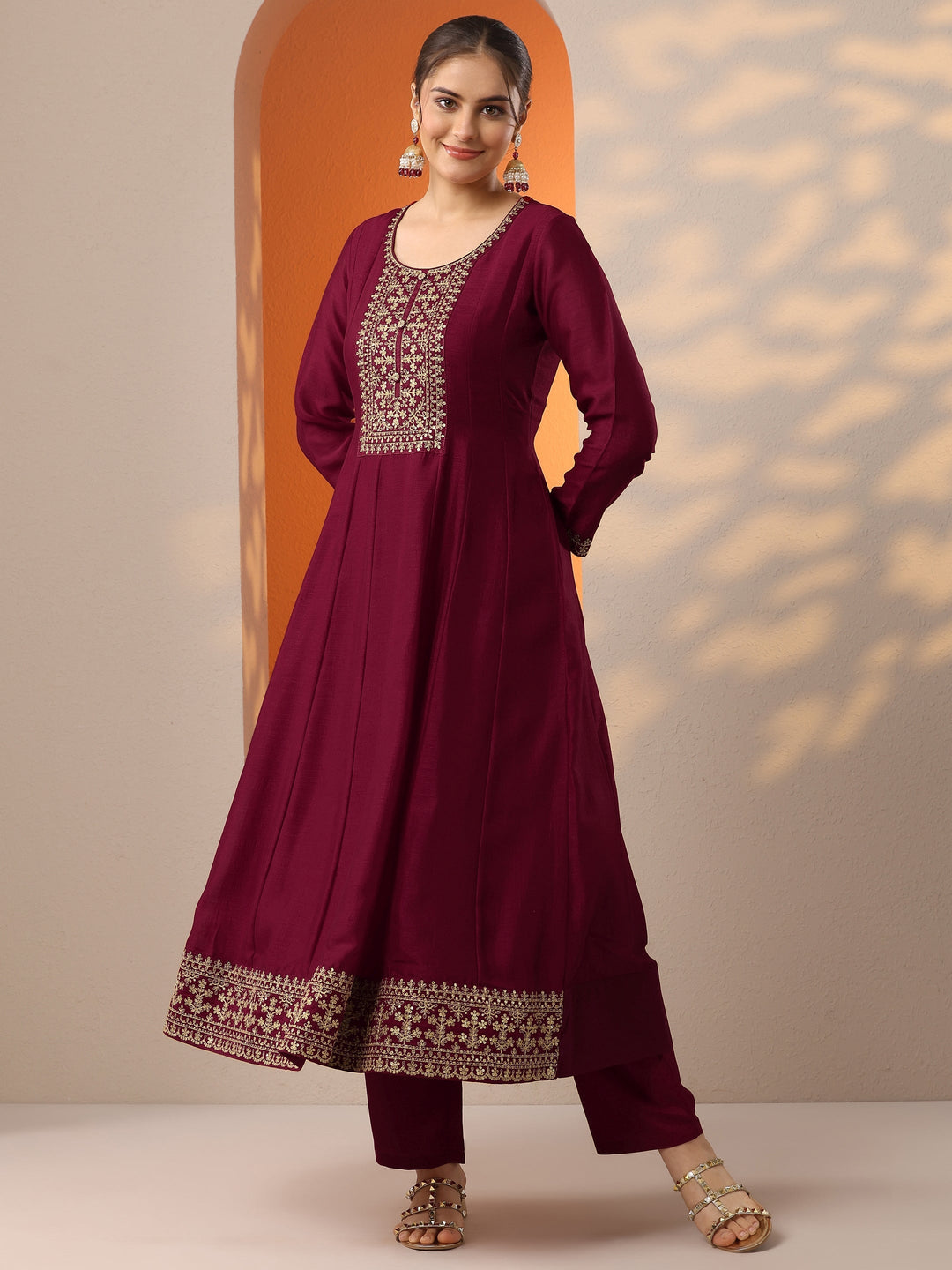  Maroon Embroidered Silk Blend Anarkali Suit Set With Dupatta 