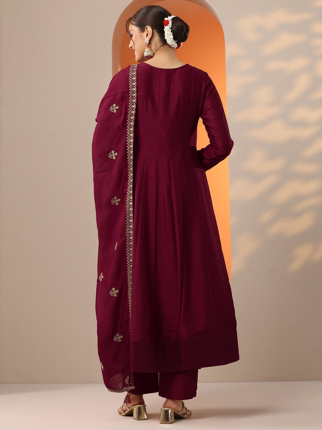  Maroon Embroidered Silk Blend Anarkali Suit Set With Dupatta 