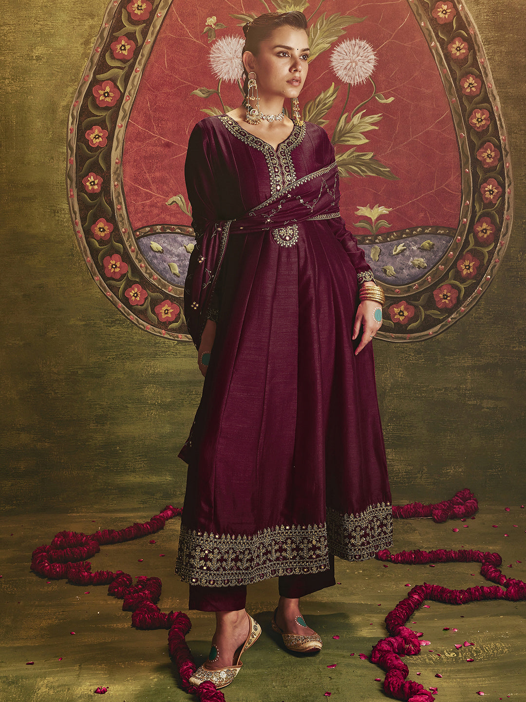  Maroon Embroidered Silk Blend Anarkali Suit Set With Dupatta 