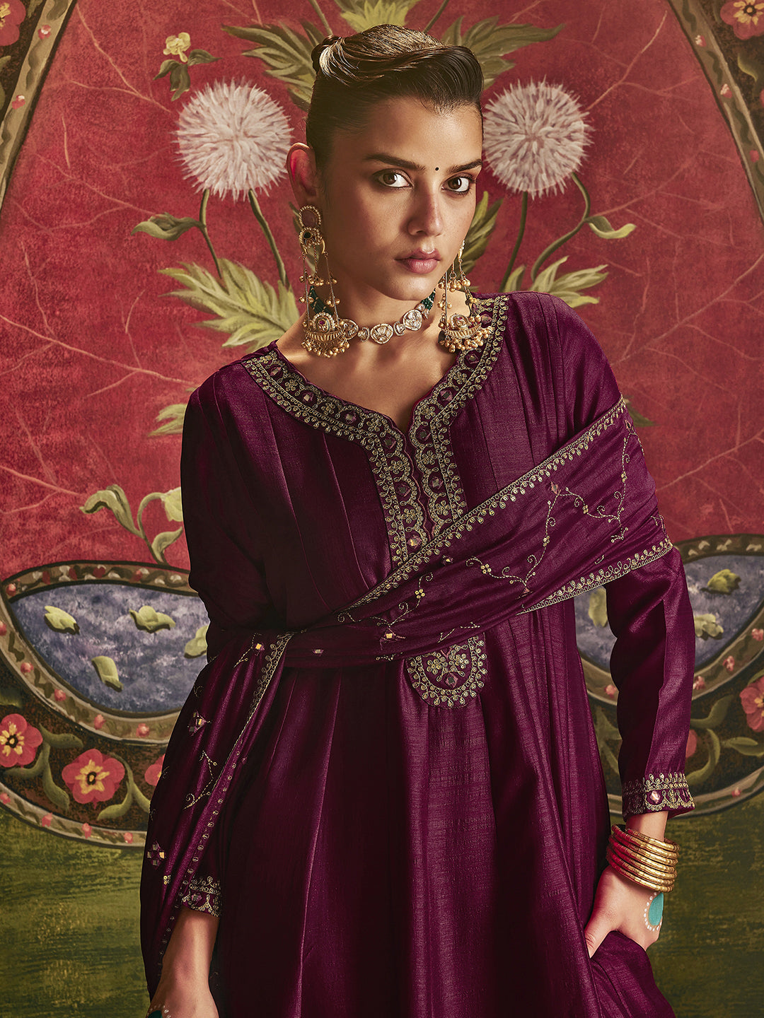 Maroon Embroidered Silk Blend Anarkali Suit Set With Dupatta
