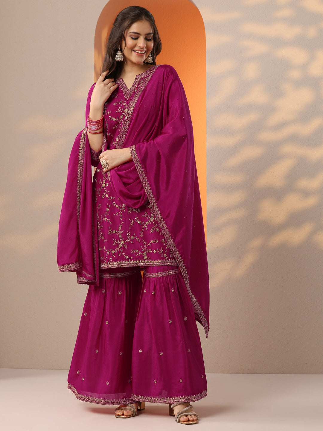  Pink Embroidered Chinon Straight Suit Set With Dupatta 