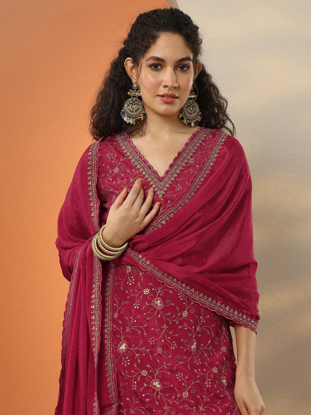  Red Embroidered Chinon Straight Suit Set With Dupatta 