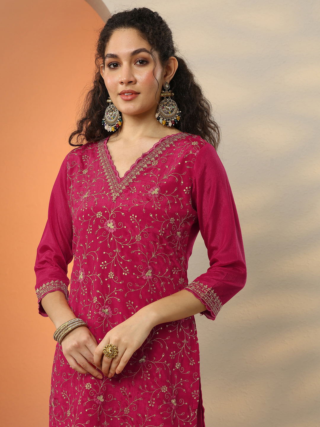  Red Embroidered Chinon Straight Suit Set With Dupatta 