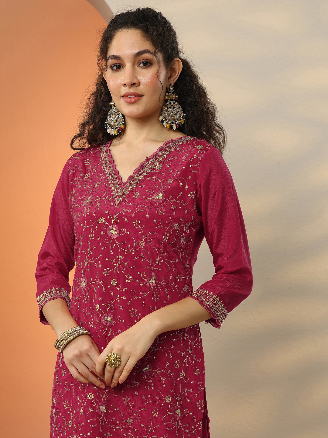  Red Embroidered Chinon Straight Suit Set With Dupatta 