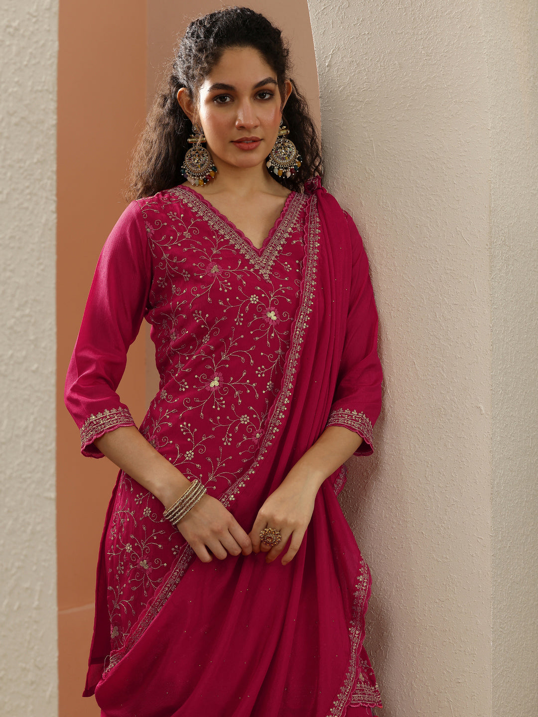  Red Embroidered Chinon Straight Suit Set With Dupatta 