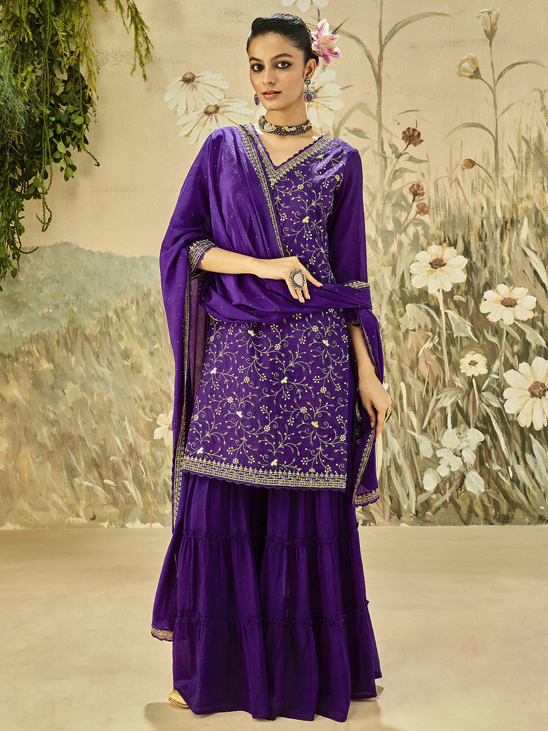 Kamini Purple Embroidered Chinon Straight Sharara Suit Set With Dupatta 