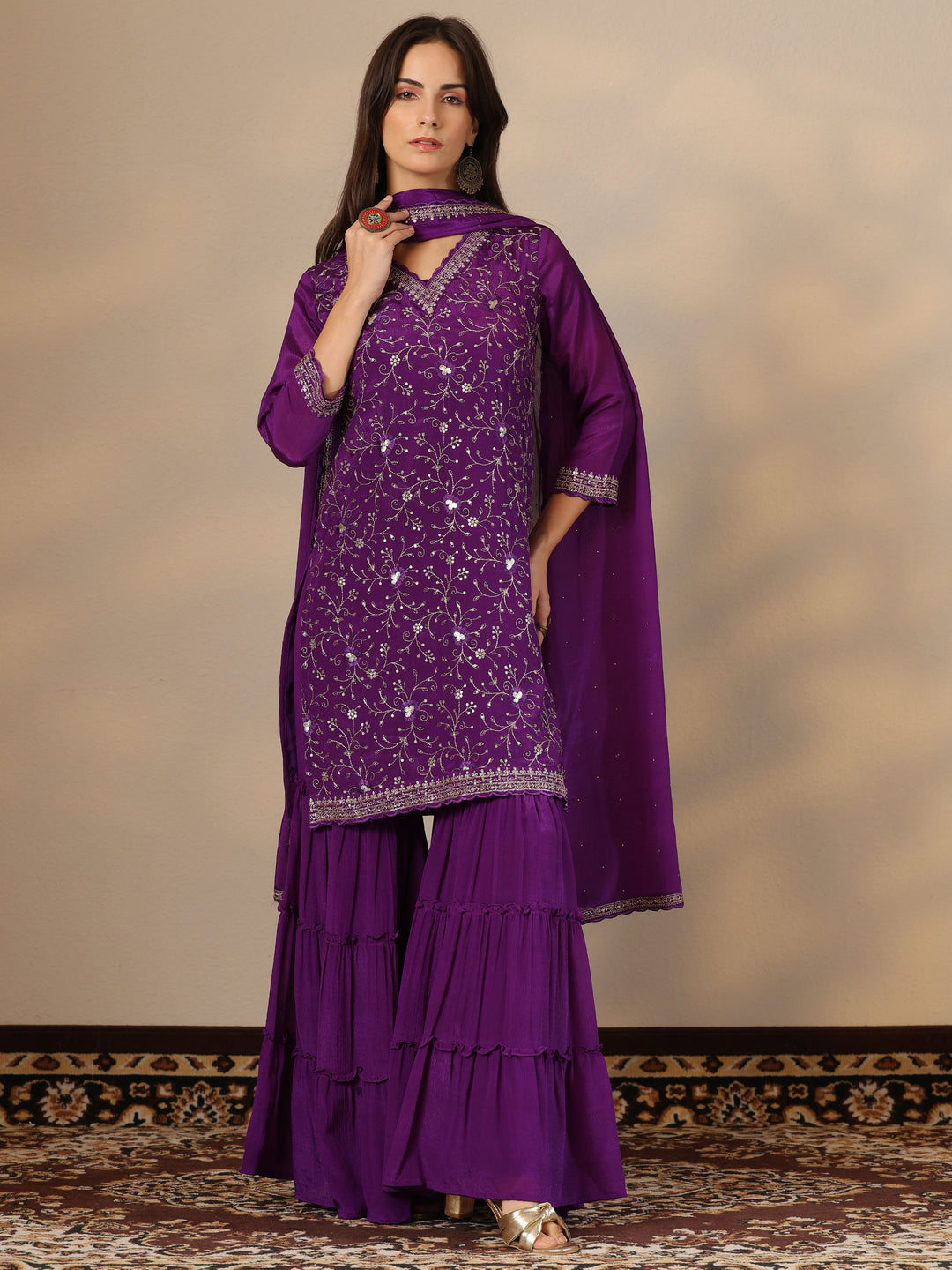  Kamini Purple Embroidered Chinon Straight Sharara Suit Set With Dupatta 