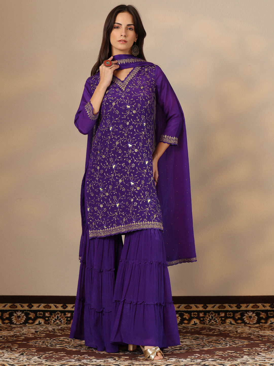  Kamini Purple Embroidered Chinon Straight Sharara Suit Set With Dupatta 
