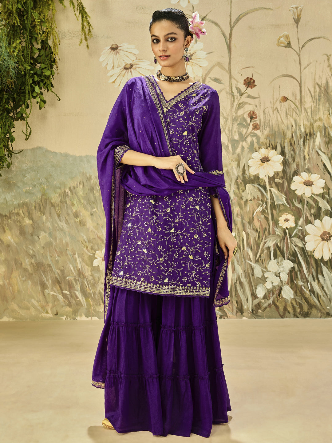  Kamini Purple Embroidered Chinon Straight Sharara Suit Set With Dupatta 