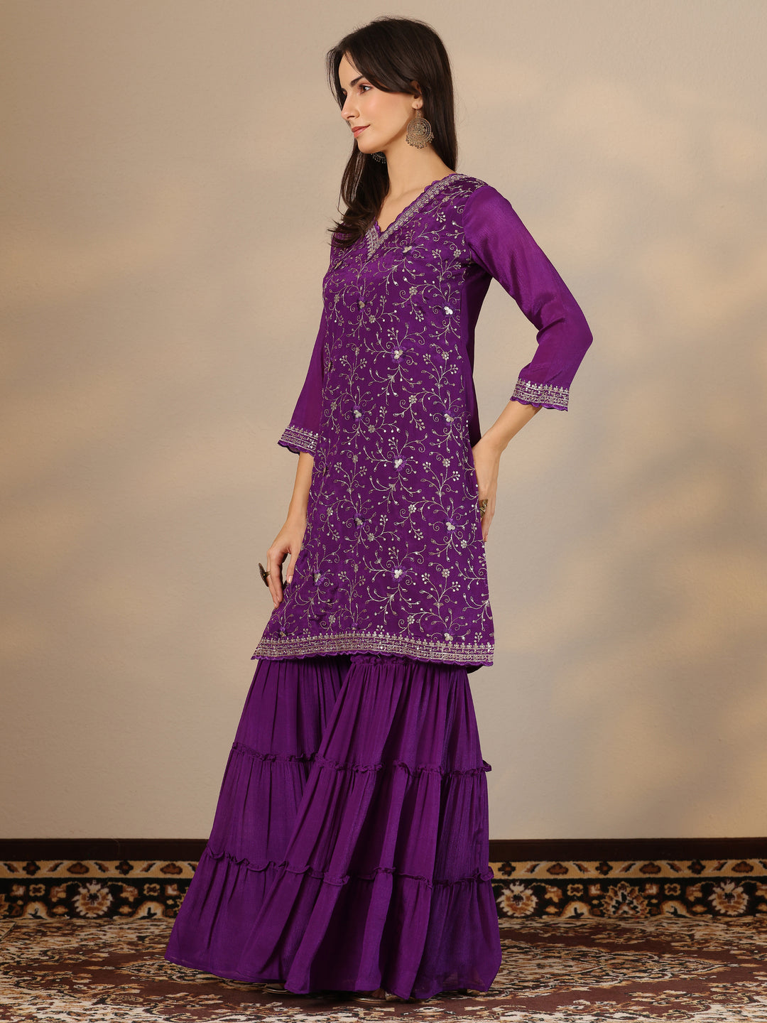  Kamini Purple Embroidered Chinon Straight Sharara Suit Set With Dupatta 